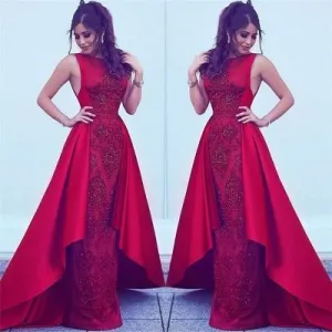 red prom dresses with detachable skirt lace appliqué beaded sleeveless elegant cheap prom gown