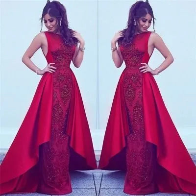 red prom dresses with detachable skirt lace appliqué beaded sleeveless elegant cheap prom gown