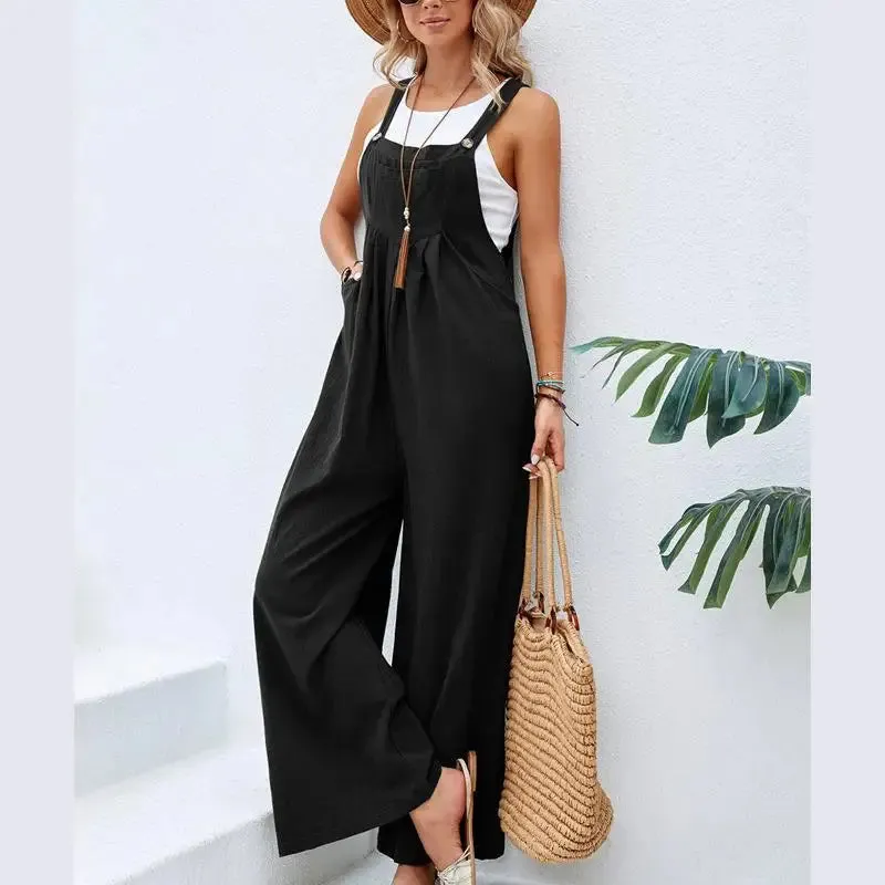 Retro Casual Cotton Suspender Long Pant Pockets Button Wide Leg Strap Jumpsuit Loose Rompers Overalls