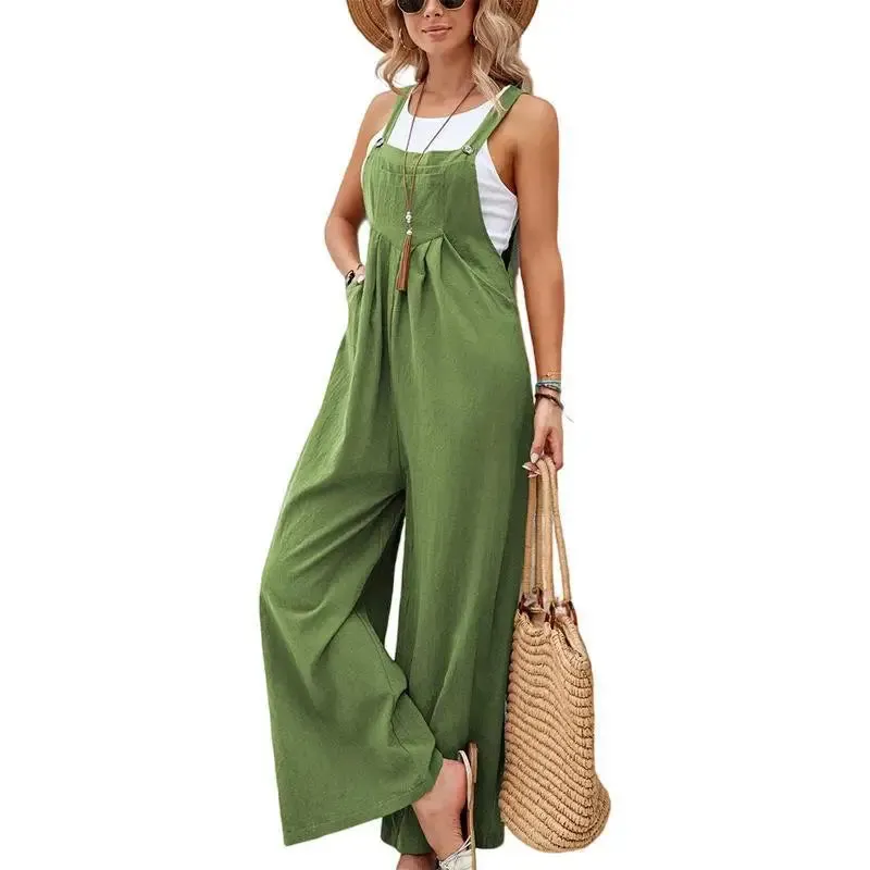 Retro Casual Cotton Suspender Long Pant Pockets Button Wide Leg Strap Jumpsuit Loose Rompers Overalls