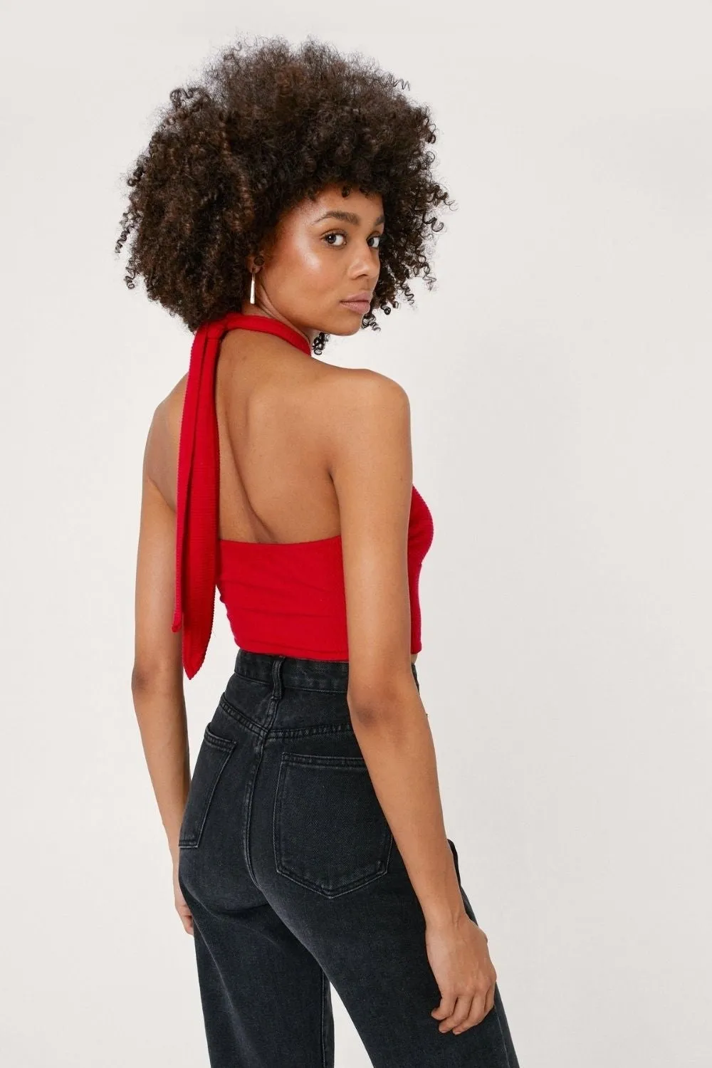 Ribbed Wrap Halter Crop  Top