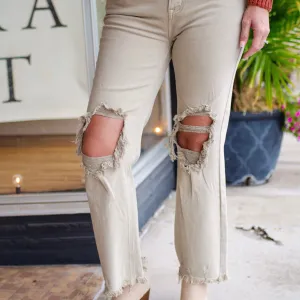 RISEN DISTRESSED KNEE STRAIGHT LEG-Sand