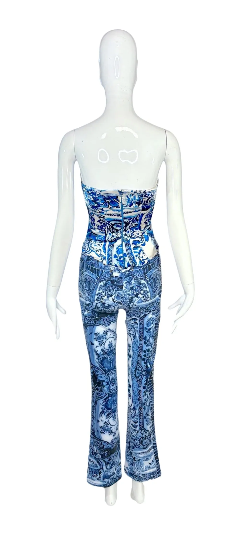 Roberto Cavalli Corset and Denim Pant Chinese Vase Print Set, AW05, Size 0/2 US