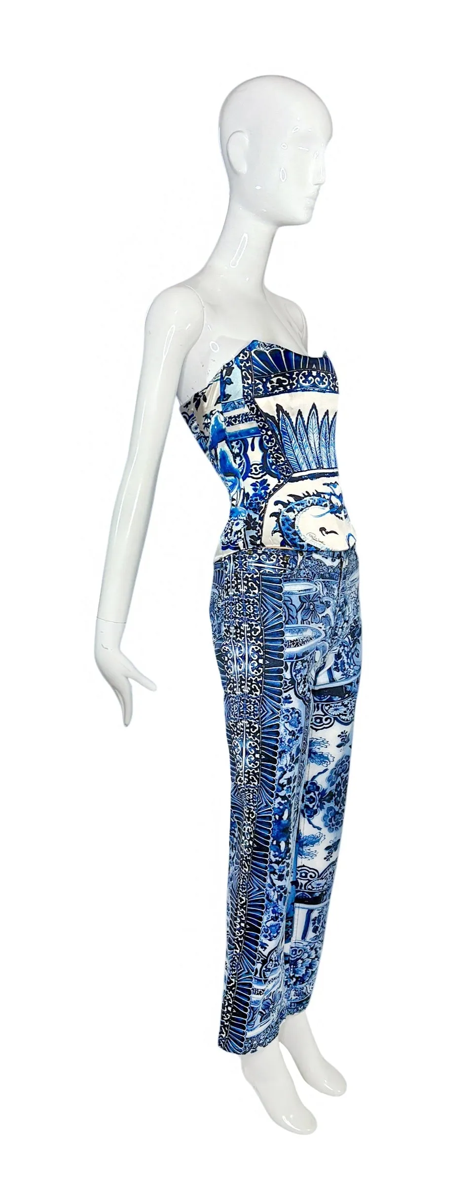 Roberto Cavalli Corset and Denim Pant Chinese Vase Print Set, AW05, Size 0/2 US