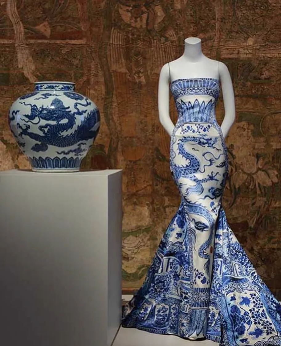 Roberto Cavalli Corset and Denim Pant Chinese Vase Print Set, AW05, Size 0/2 US