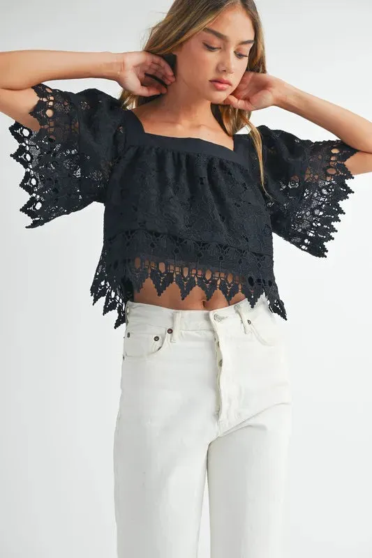 Romantic Square Neck Crochet Lace Top with Double Bow Tie