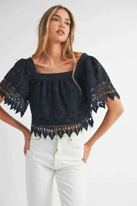Romantic Square Neck Crochet Lace Top with Double Bow Tie