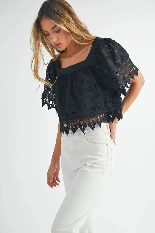 Romantic Square Neck Crochet Lace Top with Double Bow Tie