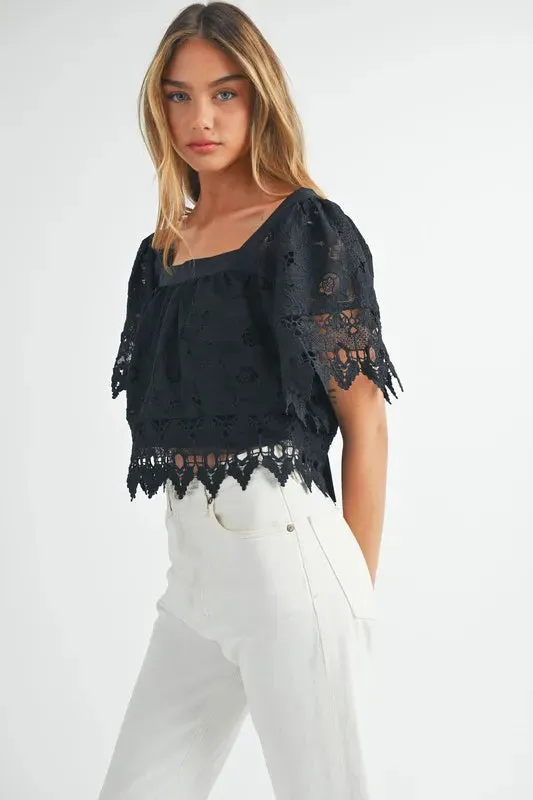 Romantic Square Neck Crochet Lace Top with Double Bow Tie