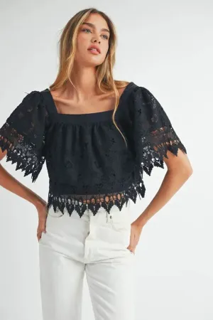 Romantic Square Neck Crochet Lace Top with Double Bow Tie