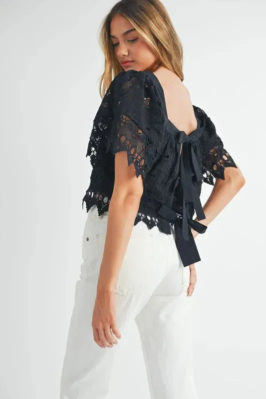 Romantic Square Neck Crochet Lace Top with Double Bow Tie