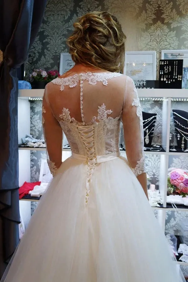 Romantic White Lace Half Sleeves Ball Gown Wedding Dress Bridal Gowns OK1132