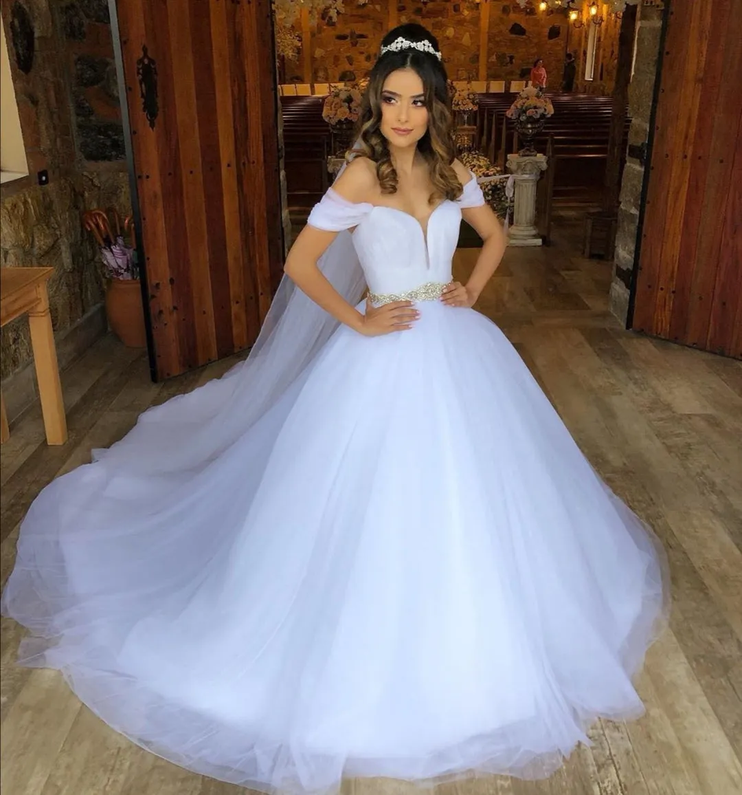 Romantic White Tulle Bridal Gown Off-the-shoulder