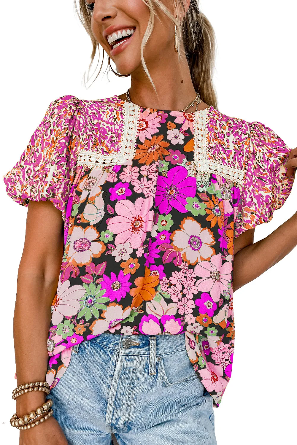 Rose Red Bubble Sleeve Lace Trim Floral Mixed Print Blouse