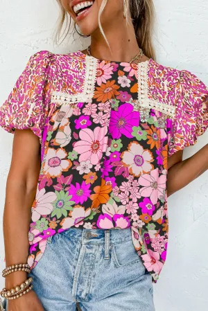 Rose Red Bubble Sleeve Lace Trim Floral Mixed Print Blouse
