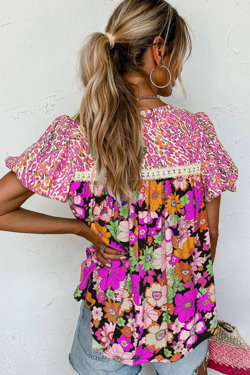 Rose Red Bubble Sleeve Lace Trim Floral Mixed Print Blouse
