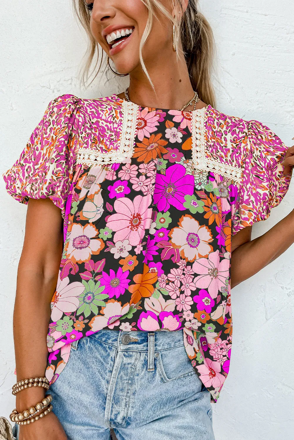 Rose Red Bubble Sleeve Lace Trim Floral Mixed Print Blouse