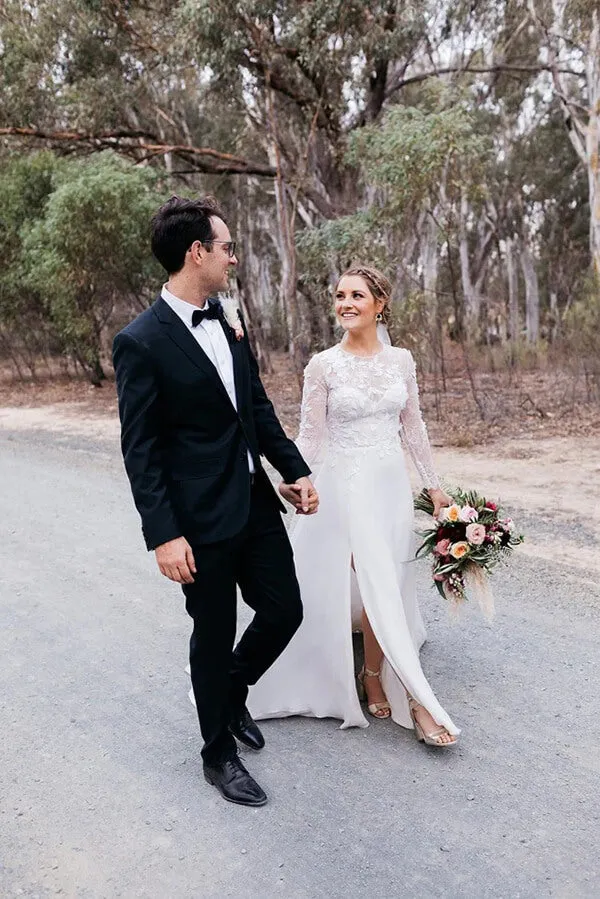 Roycebridal A-line Lace Long Sleeves Round Neck Slit Wedding Dress, Wedding Gowns, MW762