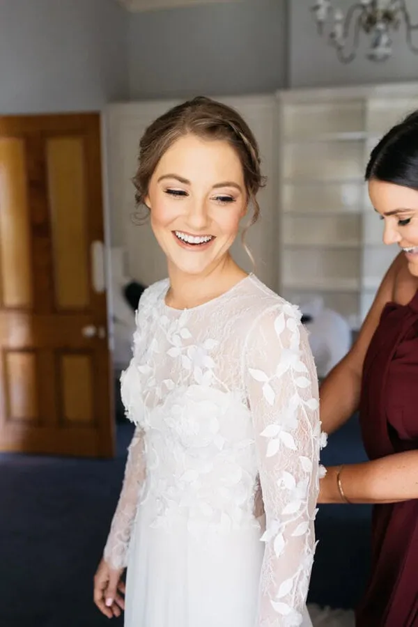 Roycebridal A-line Lace Long Sleeves Round Neck Slit Wedding Dress, Wedding Gowns, MW762