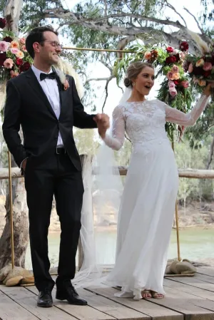 Roycebridal A-line Lace Long Sleeves Round Neck Slit Wedding Dress, Wedding Gowns, MW762