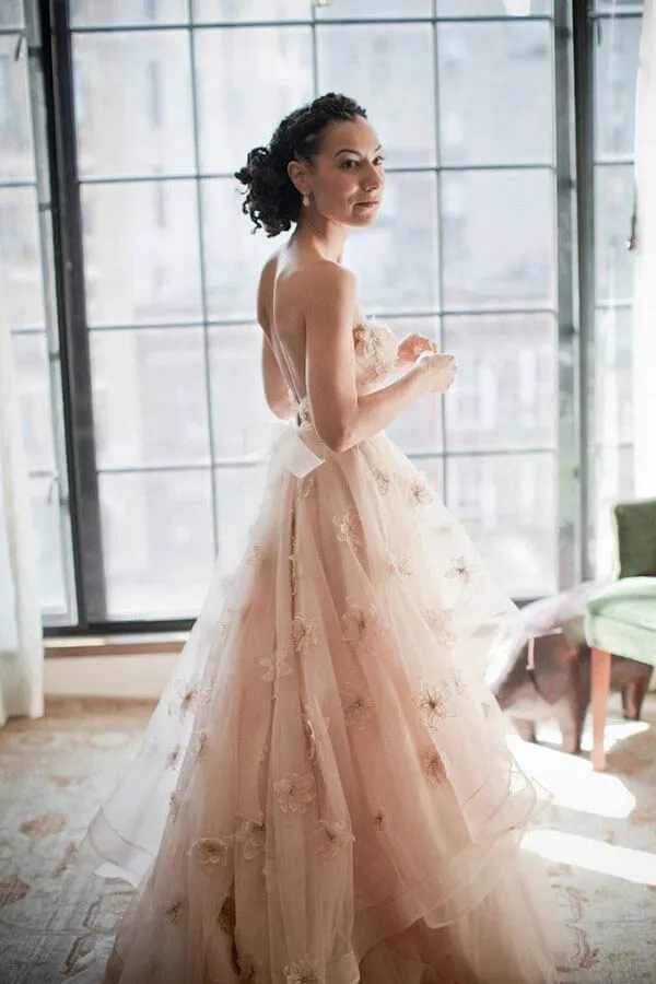 Roycebridal Blush Pink A-line Sweetheart Floral Backless Wedding Dress, Bridal Gowns, MW761