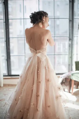 Roycebridal Blush Pink A-line Sweetheart Floral Backless Wedding Dress, Bridal Gowns, MW761