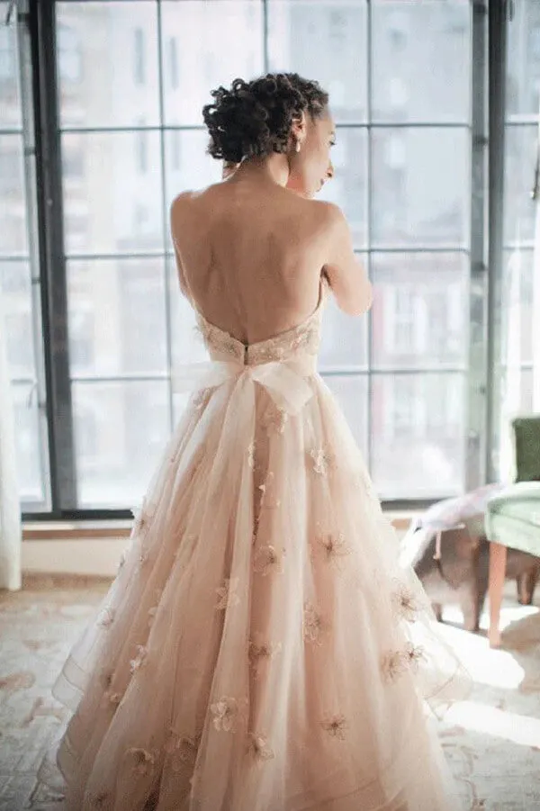 Roycebridal Blush Pink A-line Sweetheart Floral Backless Wedding Dress, Bridal Gowns, MW761