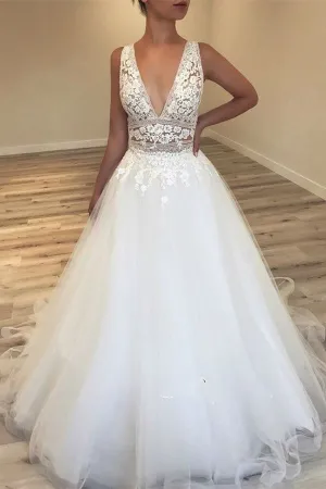 Roycebridal Deep V-Neck Tulle Bridal Gowns Lace Appliques Sleeveless Wedding Dresses, MW305
