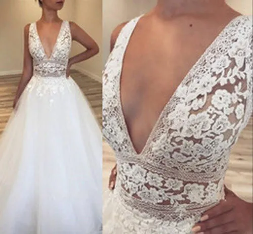 Roycebridal Deep V-Neck Tulle Bridal Gowns Lace Appliques Sleeveless Wedding Dresses, MW305