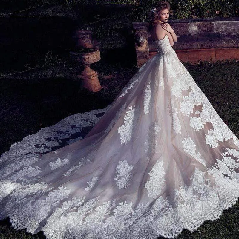 Roycebridal Wedding Dresses With Detachable Train  Backless Lace Applique Bridal Gowns