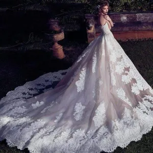 Roycebridal Wedding Dresses With Detachable Train  Backless Lace Applique Bridal Gowns