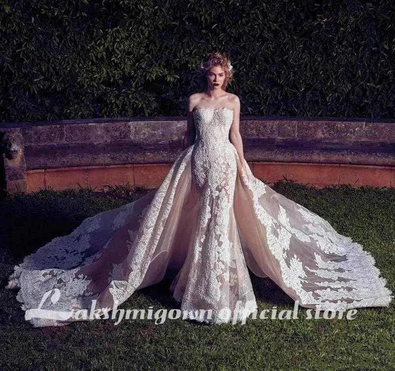 Roycebridal Wedding Dresses With Detachable Train  Backless Lace Applique Bridal Gowns