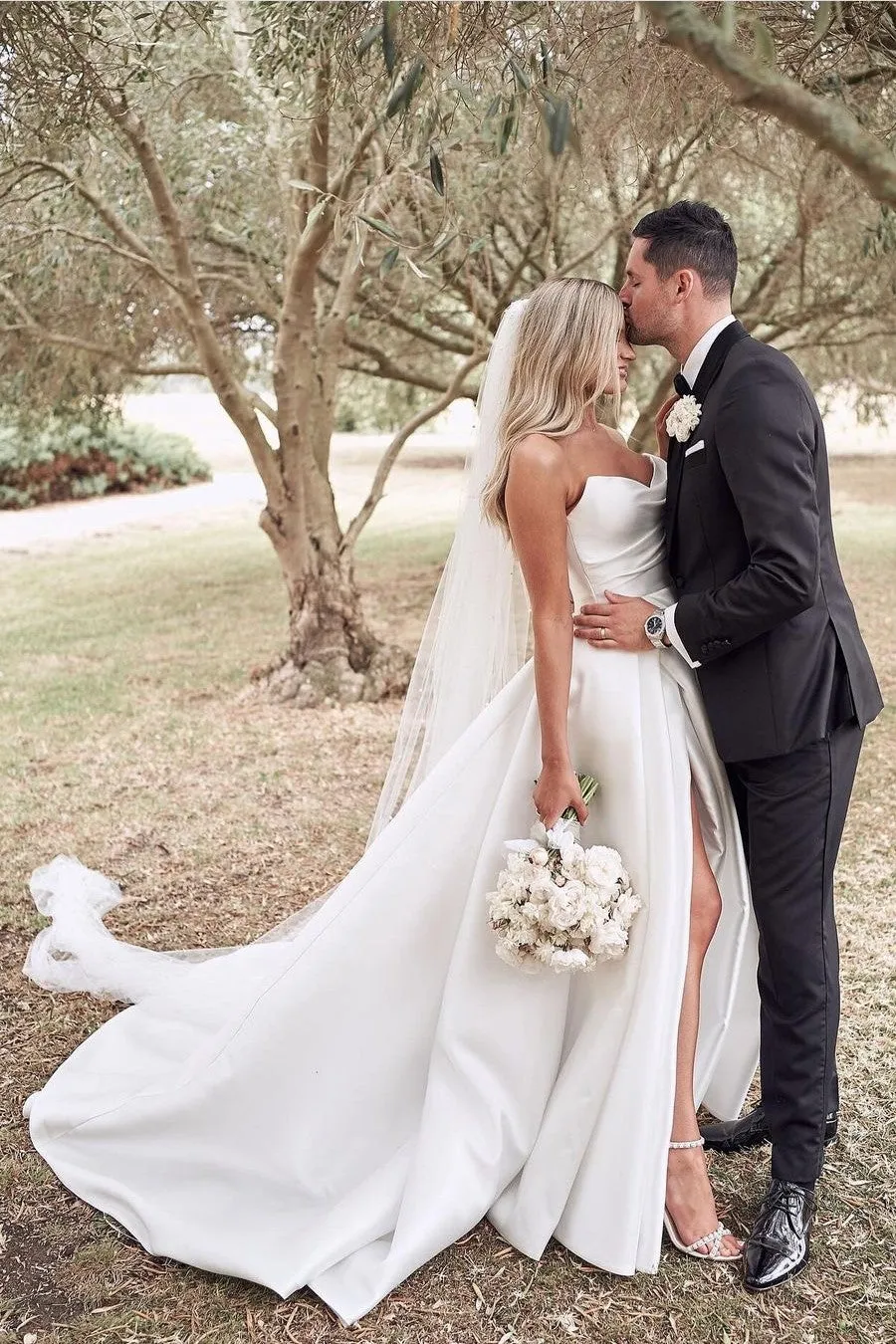 Satin Backless Bride Dresses with High Thigh Split