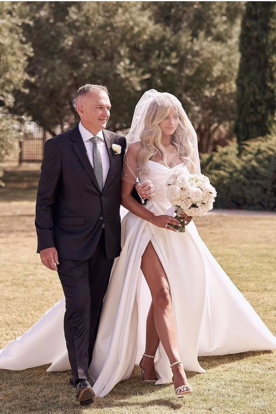 Satin Backless Bride Dresses with High Thigh Split