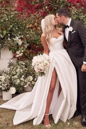 Satin Backless Bride Dresses with High Thigh Split