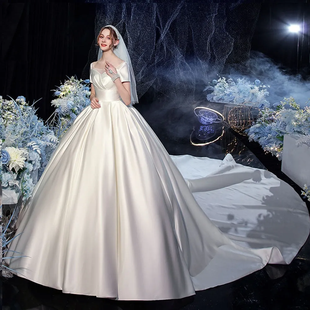 Satin Ball Gown Wedding Dress With Chapel Train