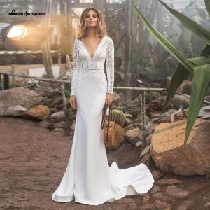 Satin Long Sleeve Dress Women Mermaid Wedding Gowns
