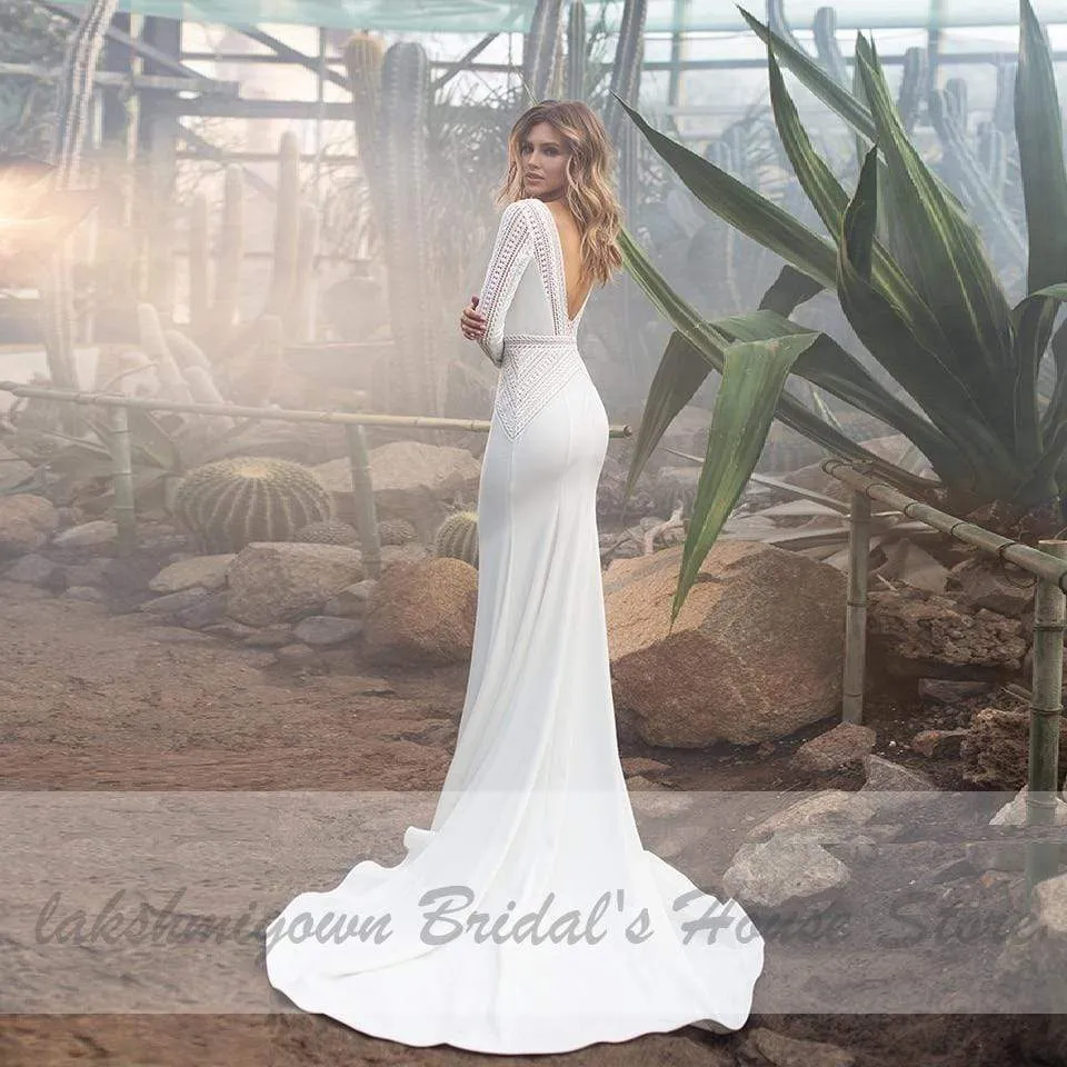 Satin Long Sleeve Dress Women Mermaid Wedding Gowns