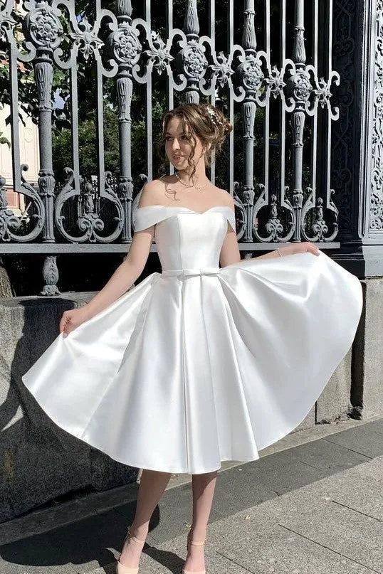 Satin Short White Bride Dress with Off-the-shoulder