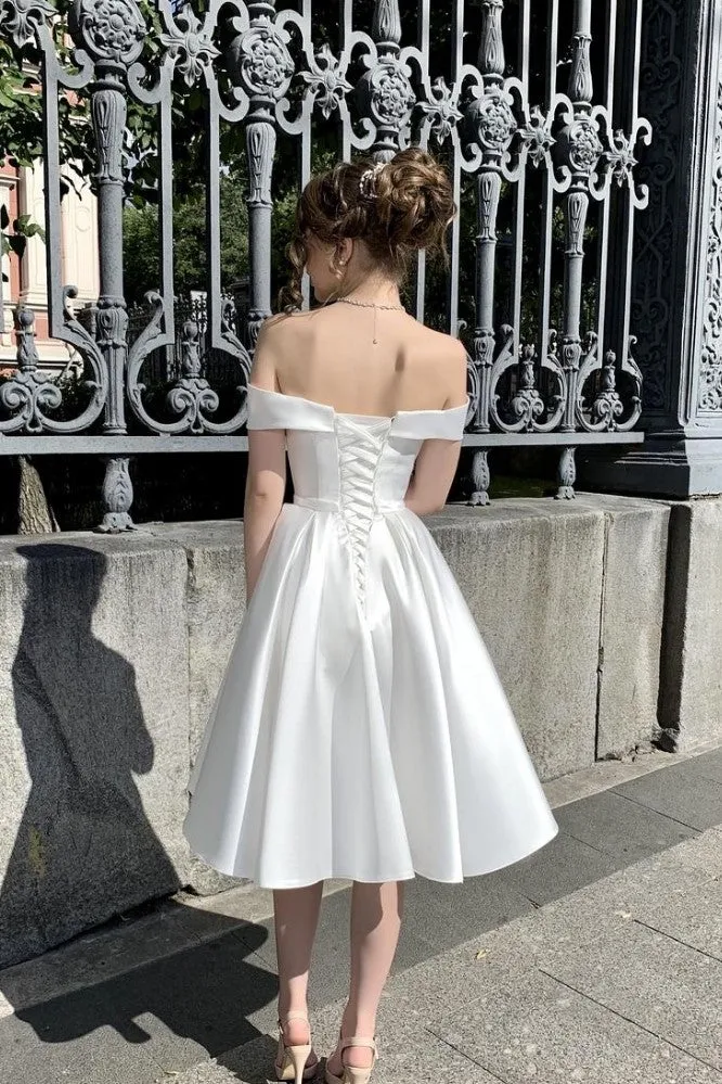 Satin Short White Bride Dress with Off-the-shoulder