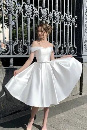 Satin Short White Bride Dress with Off-the-shoulder