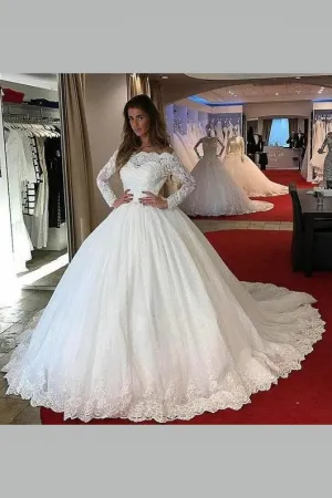 Scalloped Lace Modest Ball Gown Wedding Dresses with Long Sleeves