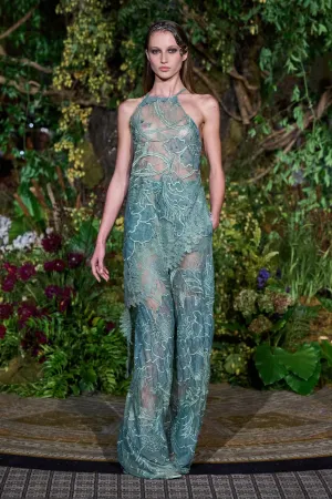 SEAFOAM TATTOO LACE ASYMMETRIC DRAPED HALTER TOP