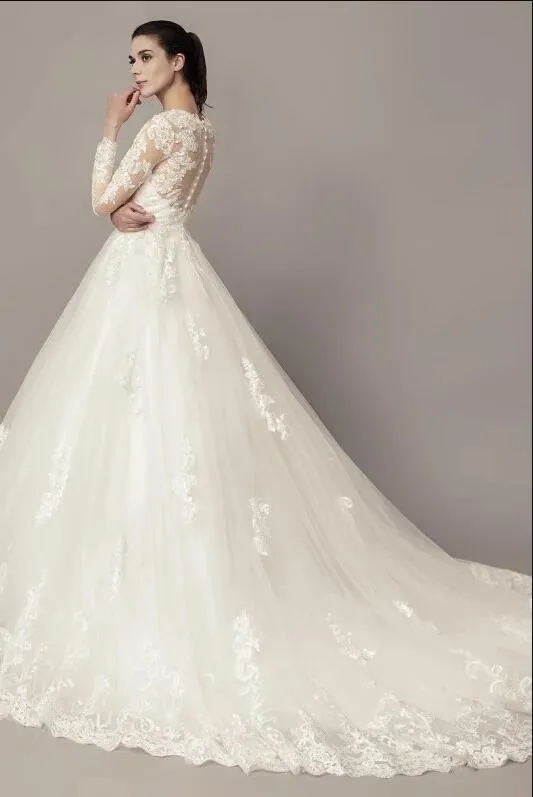 See-through Long Sleeves Ball Gown Wedding Dress Lace Tulle Cathedral Train