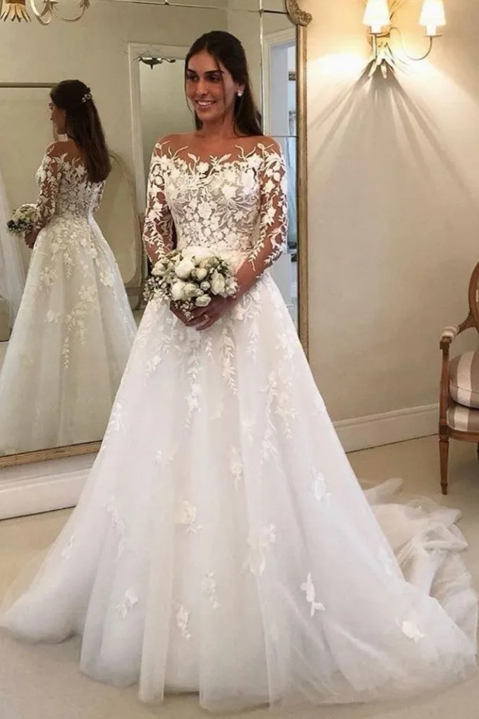 See-through Long Sleeves Lace Dress Wedding Tulle Skirt
