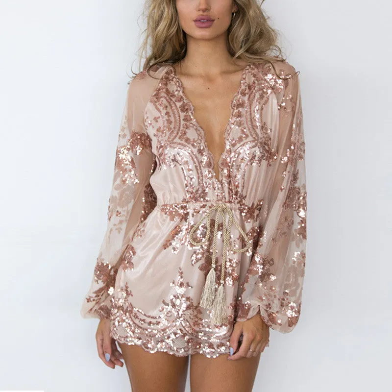 Sequin Embroidery Elegant Transparent Mesh Sleeve Dress