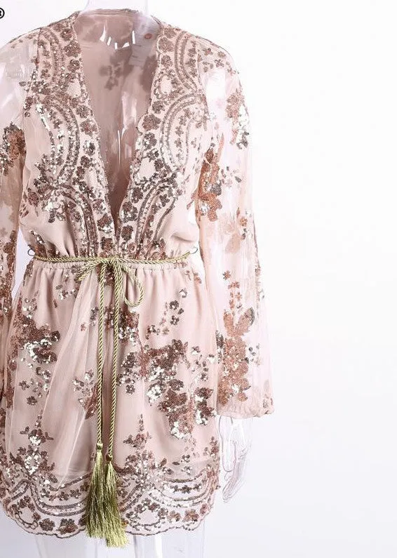 Sequin Embroidery Elegant Transparent Mesh Sleeve Dress