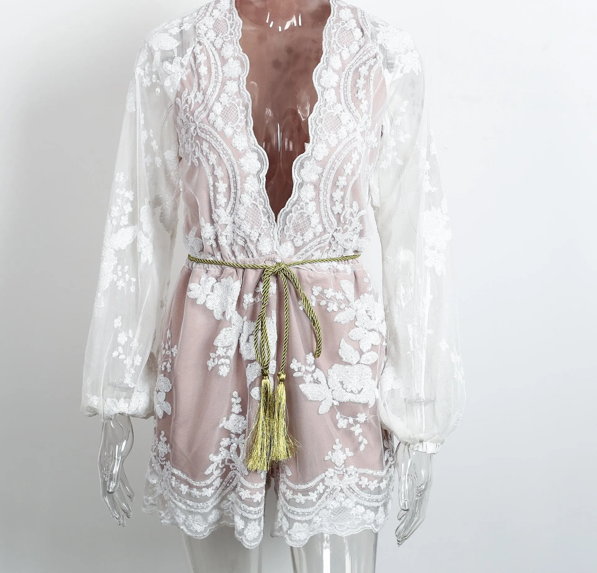 Sequin Embroidery Elegant Transparent Mesh Sleeve Dress