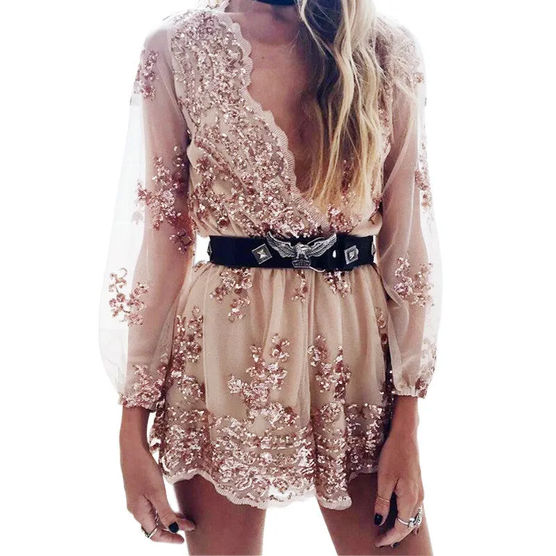 Sequin Embroidery Elegant Transparent Mesh Sleeve Dress
