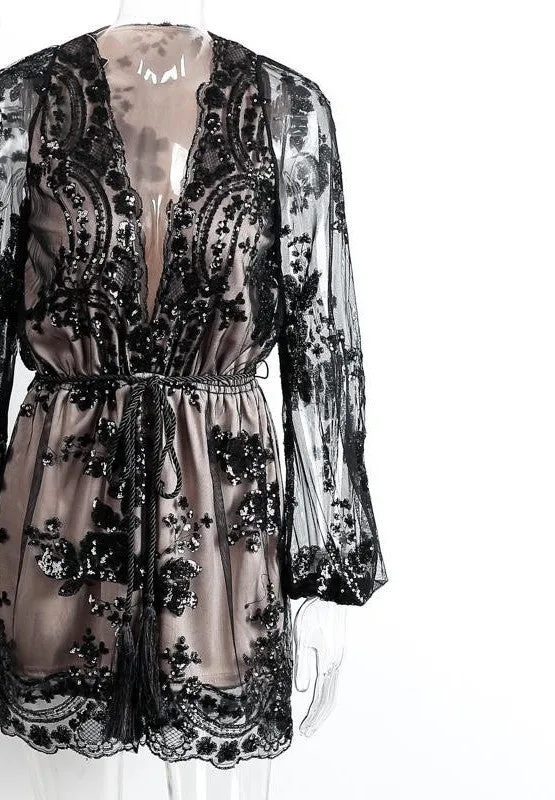 Sequin Embroidery Elegant Transparent Mesh Sleeve Dress